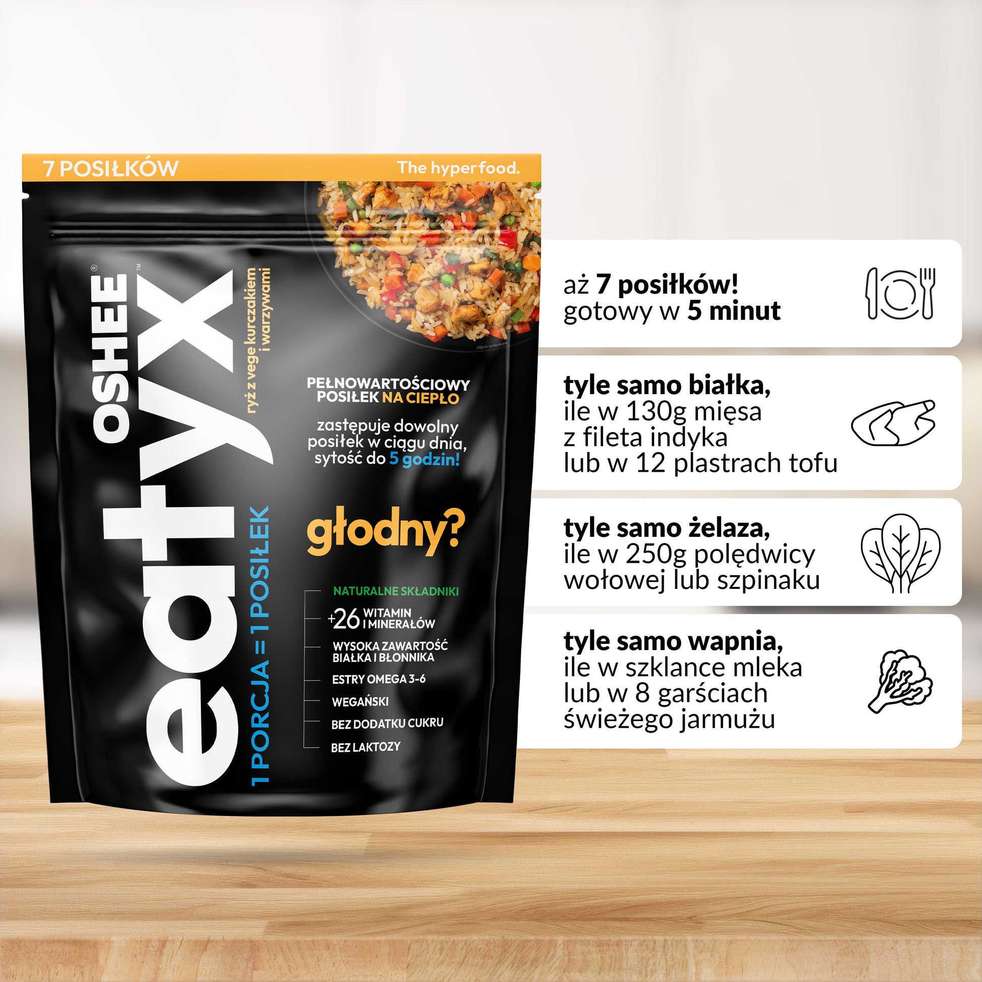 eatyx PEŁNOWARTOŚCIOWY POSIŁEK NA CIEPŁO RYŻ Z VEGE KURCZAKIEM I WARZYWAMI (duże opakowanie 7 porcji)