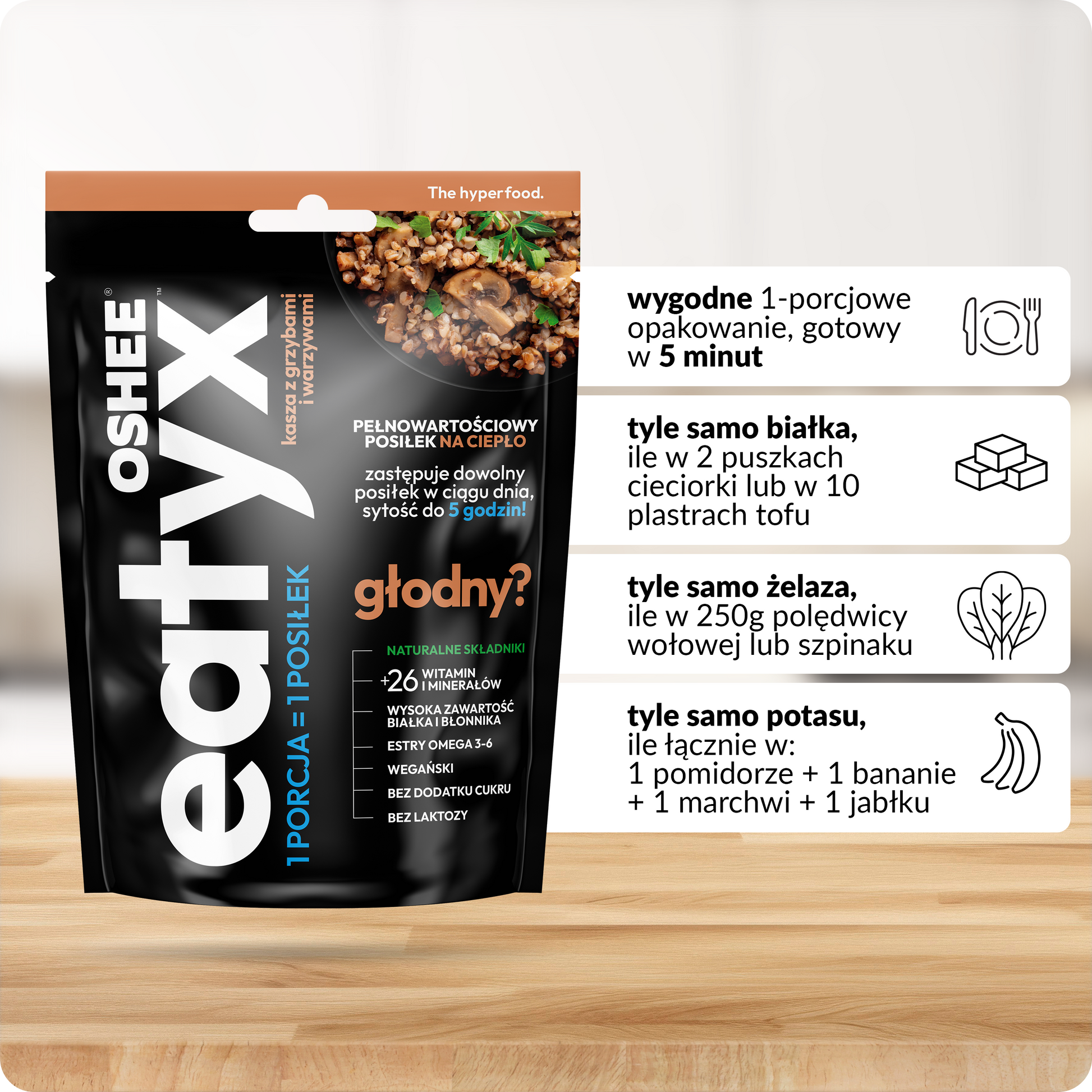 eatyx PEŁNOWARTOŚCIOWY POSIŁEK NA CIEPŁO KASZA Z GRZYBAMI I WARZYWAMI 90g