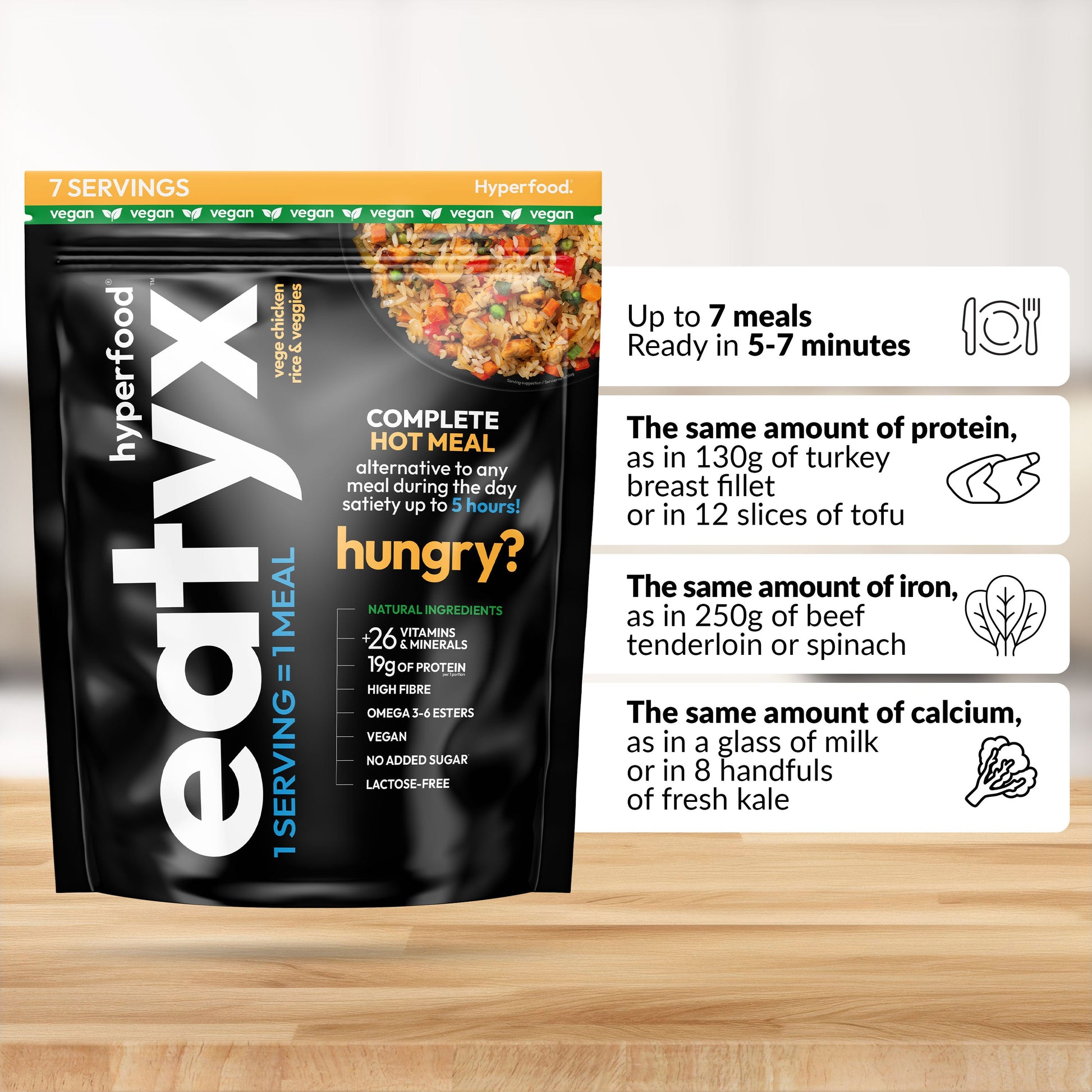 eatyx PEŁNOWARTOŚCIOWY POSIŁEK NA CIEPŁO RYŻ Z VEGE KURCZAKIEM I WARZYWAMI (duże opakowanie 7 porcji)